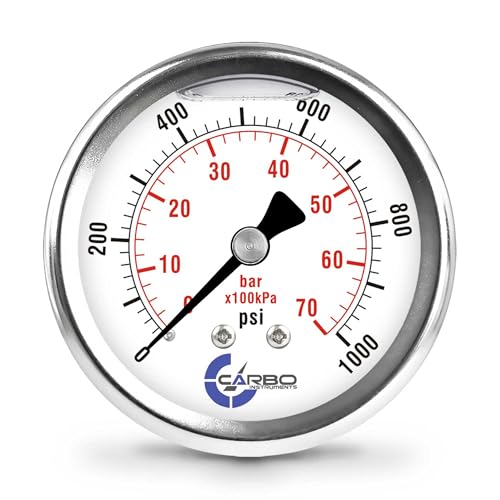 Image of 1000 PSI Liquid Filled Pressure Gauge with NIST Traceable Certificate, Calibrated in USA Lab, 2.5 inch Dial, 1 /4 NPT Back Mount, ASME Grade A, 304 SS Case, Brass Wetted Parts, PSI /Bar