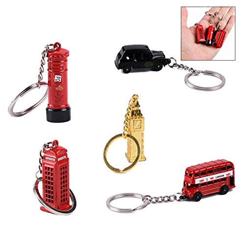 XLKJ Juego de 5 llaveros de Londres, recuerdos Metal troquelado Llavero para Cabina de teléfono, autobús, Big Ben London, Taxi de Londres, London Bus Recuerdo de Regalo