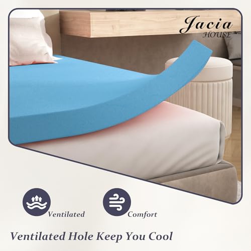 Jacia House 3 Inch Bed Foam RV Mattress Topper Short Queen in a Box, Trailer Bed Topper, Plush Feel Pressure Relieving Certi PUR-US Certified Camper Essentials Mattress Pad Blue