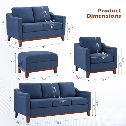 Image of HAOMARKETS 4 Piece Chenille Sofa Set with Nailhead Trim, Included 2 Comfy Accent Chair with Thicked Cushion and 2 Upholstered Storage Ottoman with Flip-Top Table, Living Room Furniture Set,Blue