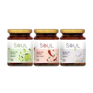 ADF Soul Mango Pickle Combo Made In Olive Oil Pack Of 3 (Mango Pickle 275 Gm + Red Chilly Pickle 265 Gm + Garlic Pickle 275 Gm)