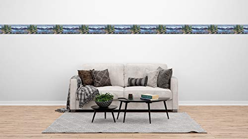 Dundee Deco Ddazbd9024 Peel And Stick Wallpaper Border - Country Blue, Green Cottage By The Lake Wall Border Retro Design, 15 Ft X 7 In (4.57M X 17.78Cm), Self Adhesive #TOP3
