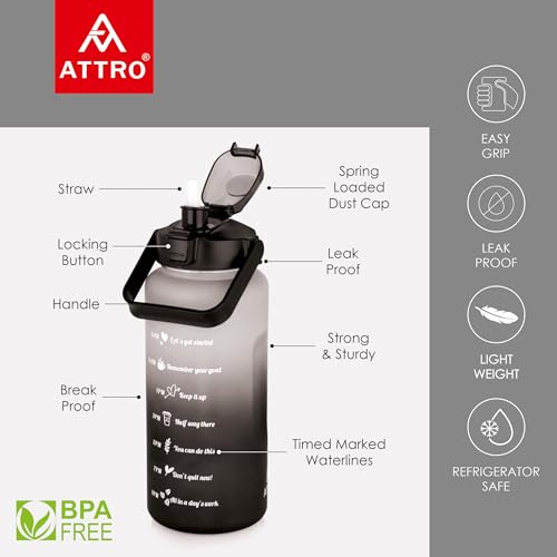 Image of ATTRO Motivational 2 Liter Quotes & Time Marker Dual Colour Sports Bottle With Easy to Carry Handle & Straw BPA Free, Leak Proof for Gym, Office, Workout- Black Grey, Plastic