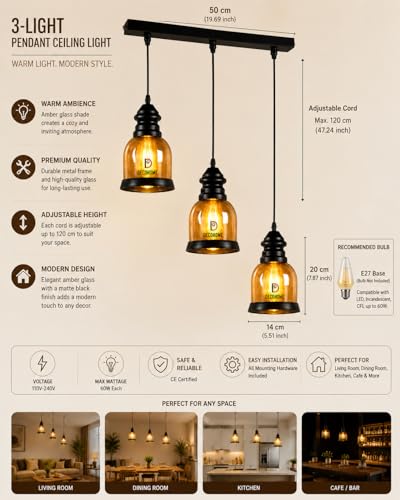 Image of DECOHOME Modern Ceiling Light Pendant Lamp | Stylish Hanging Lights for Dining, Kitchen & Living Room | Premium Build with Elegant Design & Warm Ambient Lighting (Golden-Black-Luster Set)