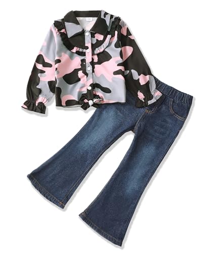 Image of Renotemy Kids Little Toddler Girl Clothes Button Down Tie Front Shirt + Bell Bottoms Jeans Girls 2 Piece Outfits Clothing Set