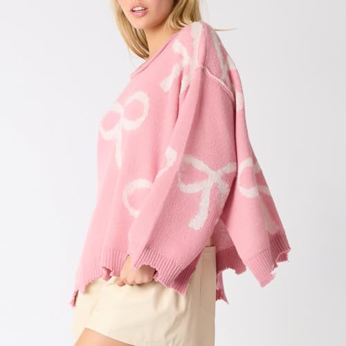 Image of Women Cute Bow Knit Sweater Y2k Long Sleeve Crew Neck Knitted Pullover Top Oversized Going Out Fall Winter Knitwear