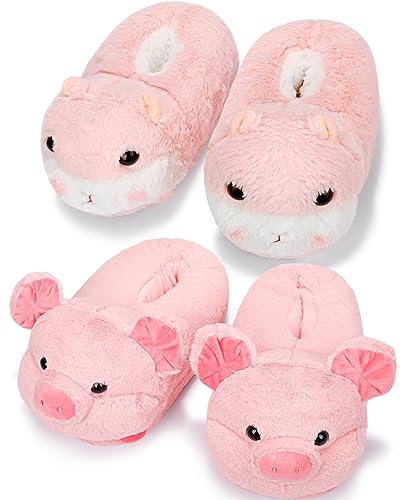 Suhine 2 Pair Women's Slippers 5.5-11 Size Cute Animal Slippers for Women Kawaii Halloween House for Winter Christmas(Pink, Pig and Hamster) - Main Image