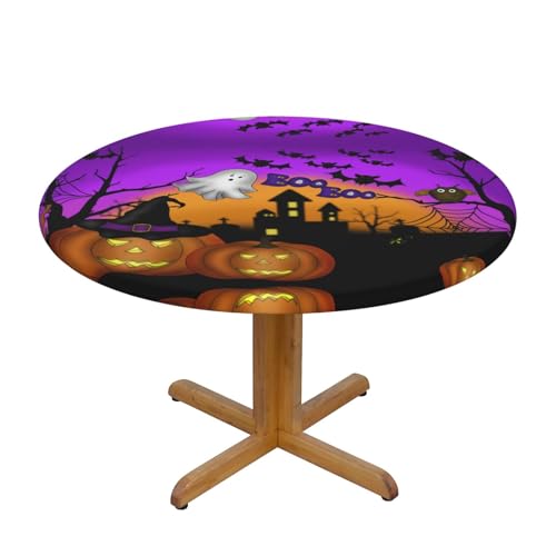 cfpolar Halloween Scary Night Pumpkin Ghost Round Fitted Tablecloth with Elastic Edge, Waterproof Wipeable Round Table Cover Cloth for Indoor Outdoor Party Dinner Fits Diameter 45-50 Inch Round Table