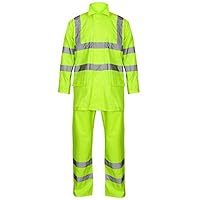 HuntaDeal Hi Viz Hooded Rainsuit 2 Piece Set | High Visibility Waterproof Jacket & Trousers | Unisex Rain Suit for Men & Women | PVC Workwear For Outdoor Use