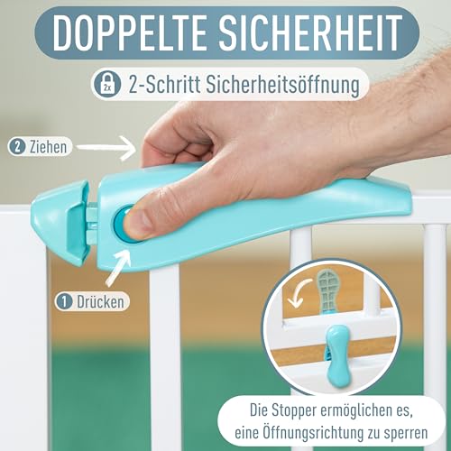 IB STYLE Türschutzgitter Berrin 150-160 cm, Treppengitter für Babys, Treppenschutzgitter ohne Bohren, Türgitter zum Klemmen, Kindergitter, Weiß Türkis