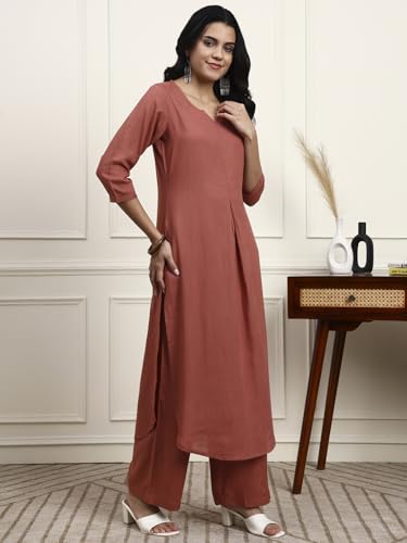 Image of Idalia Rose Gold Straight Solid Kurta With Palazzo Pants