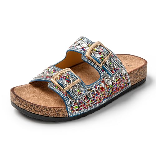 JOMIX Sandalias Mujer Verano con Hebilla Chanclas Mujer Brillantes con Strass Sandalias Mujer Cuña Playa Piscina Mar Joyas Elegantes, Azul, 40 EU