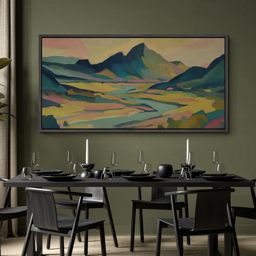 Image of MUDECOR Extra Large Framed Canvas Print Wall Art Colorful Abstract Mountain Landscape Modern Antique Retro Ready to Hang Painting for Living Room Bedroom Multi-Sizes - 60 inchx30 inch