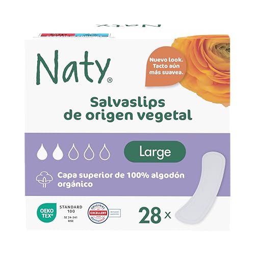 Naty Salvaslips Large | Capa superior de 100% algodón orgánico| Seguro para la piel | Sin perfume, 0% plástico convencional | Cómodos y transpirables | 28 unidades