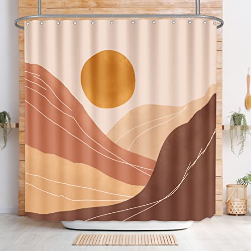 Mid Century Modern Fabric Shower Curtain Abstract Minimalist Sunset Mountain Art Bath Curtains For Bathroom Decor With Hooks Boho Terracotta Nature Landscape Shower Curtains Waterproof,72X72 Inches #TOP6