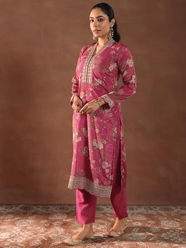 Image of Libas Womens Printed Silk Blend Straight Kurta With Palazzos and Dupatta | daily wear suit