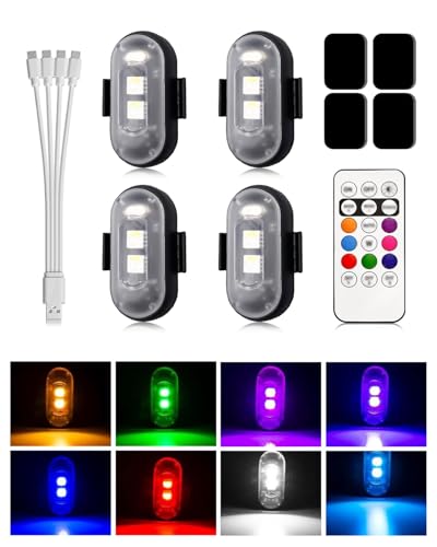 BrightArk Lot de 4 LED Lampe Stroboscopique pour Voiture Mini LED avec Télécommande sans fil 8 Couleurs Trois Luminosités et Chargement USB pour Drone, Vol de Nuit