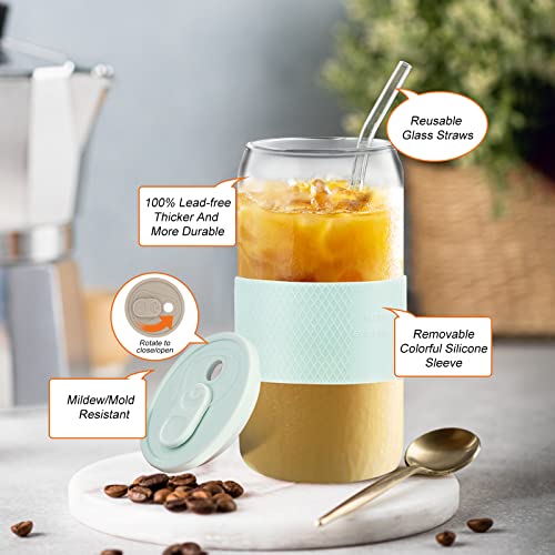 Vozoka 20Oz Glass Tumbler With Silicone Lids And Sleeve, Iced Coffee Cup Reusable, Travel Water Bottle, Wide Mouth Smoothie Cups, Soda Can Shaped, Hot Tea (Sky Blue) #TOP3