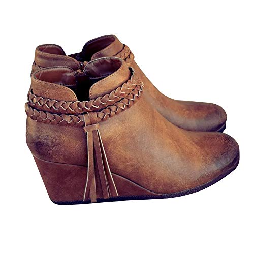 Fashare Womens Wedge Ankle Boots Braided Fringe Strap Western Heeled Winter Booties Shoes