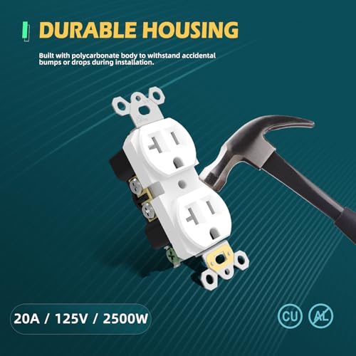 TOPELER 20 Amp Duplex Receptacle Outlets, Standard Electrical Wall Socket for Commercial/Residential, Non-Tamper Resistant Outlets w/Plate, 2 Pole 3-Wire, Self-Grounding, UL Listed, White, 50 Pack by TOPELER - Image 3