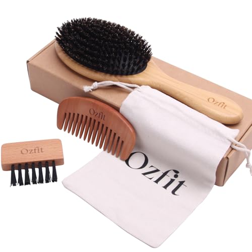 OZFIT 100% Boar Bristle Hair Brush - Natural Bamboo Hair Brush for Men & Women, Promotes Hair Growth, Includes Travel Bag & Cleaner