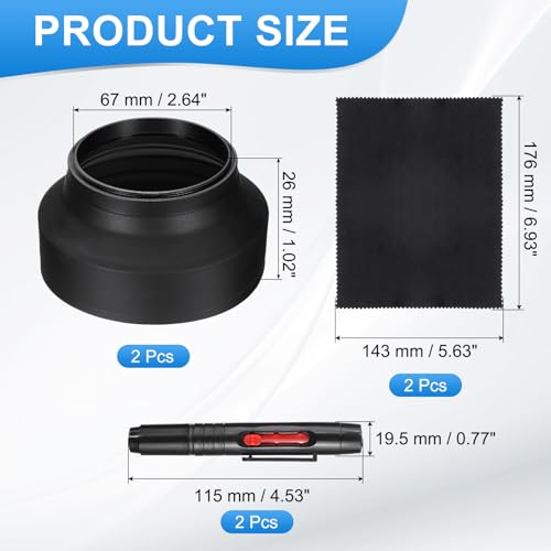 Patikil - Sombrilla para lente de cámara de goma, plegable en 3 pasos, negro, universal, 2 piezas, diámetro 67 mm, con paño de limpieza y bolígrafo limpiador miniatura 2