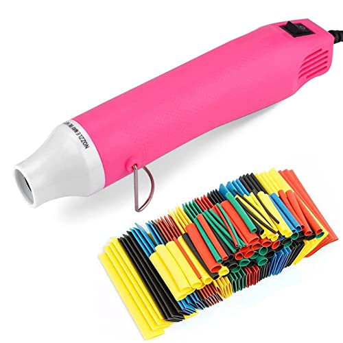 FloweryOcean 300W Mini Heat Gun, 200℃ Handheld Portable Hot Air Gun and 328 Pcs Heat Shrink Tubing, for Shrink Wrapping, Epoxy Resin Supplies, Embossing Crafts, Candle Making, Phone Repair, DIY (Pink)