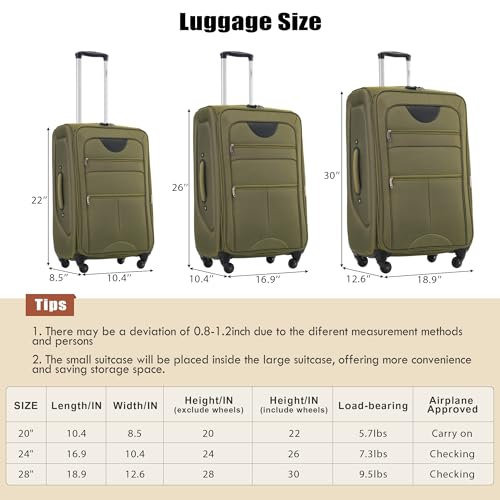 Merax Suitcase Set Softside 3-Piece Expandable Luggage with TSA Lock Spinner Wheels Lightweight Upright Luggage with Travel Bag(22/26/30 IN,Army Green)2