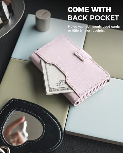 Image of VULKIT Slim Bifold Pop up Wallet Minimalist Leather Card Holder RFID Blocking Metal Card Case with ID Window for Women | with Leather Slots