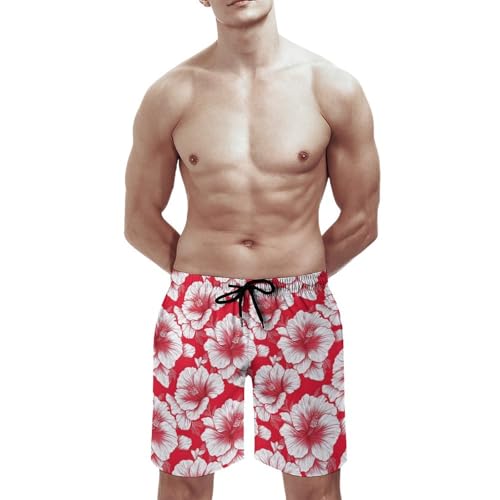 Hawaiian Shorts for Men - Comfy Tropical Red White Flowers Print Mens Swim Trunks Bathing Suits with Mesh Lining2