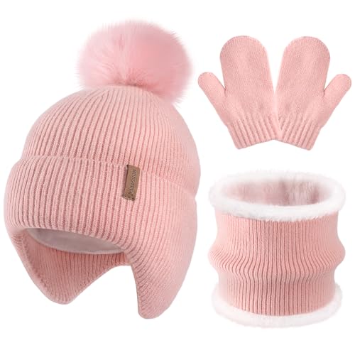 HONGTEYA Toddler Winter Hat Gloves Scarf Set, Kids Baby Beanie Hat Neck Warmer Mittens Fleece Lined Set (pink, 6-24 Months)