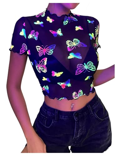 SHENHE Women's Sheer Mesh Reflective Rave Top Y2k Butterfly Round Neck Short Sleeve Crop Top4