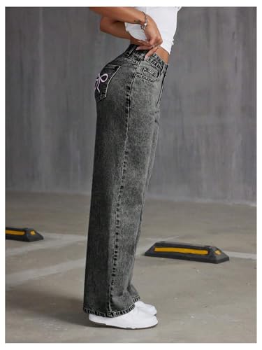 Womens Bowknot Embroidery Y2k Bow Jeans High Waisted Straight Denim Pants Basic Wide Leg Jeans4