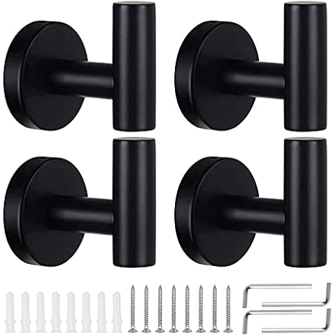 4 Pack Towel Hooks, KissDate Wall Coat Hook Bathroom Matte Black Robe Hook SUS 304 Stainless Steel Heavy Duty Door Hanger Clothes Cabinet Closet Sponges Hook Shower Robe Hand Hooks for Bathroom Cover
