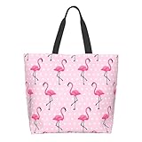 Cafl Pink Flamingo Shoulder Bag Flamingo Dots Tote Bag Large Reusable Eco-friendly Shopping Bags Portable Storage Handbag Convenient Shoppers for Gym Beach Travel Shopping