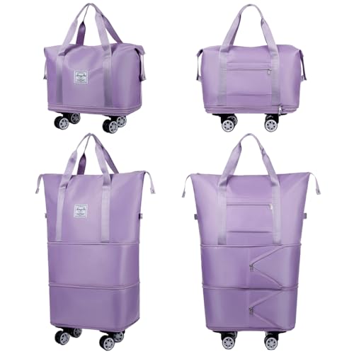 Expandable & Foldable Rolling Duffle Bag with Wheels, Large Capacity Carry-On Luggage with Dry Wet Separation, Waterproof Lightweight Travel Weekend Bag for Women Men (Black)3