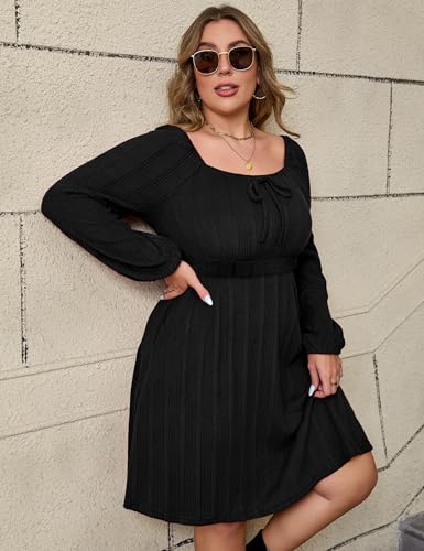 Image of KOJOOIN Womens Plus Size Sweater Knit Dress Square Neck Long Sleeves Tie Front Casual Midi Pullover Fall Dress with Pockets
