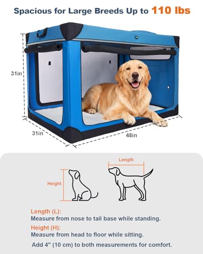 Ownpets 122 cm XXL Klappbarer Hundekäfig für Große Hunde, Tragbarer Reisehundekäfig, 4-Türiger Faltenbarer Haustierkäfig mit Robusten Netzfenstern und Weicher Matte, Blau
