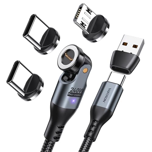 VAFOTON Câble Magnétique USB C 240W 9PIN 540° Rotation 48V/5A 1.8M, Charge Rapide et Transfert de Données, Câble 3 en 1 USB C/A pour Type C/Micro...