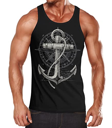 Neverless® Herren Tank-Top Print Aufdruck Anker Kompass Motiv Maritim Meer Fashion Streetstyle Muskelshirt schwarz XXL