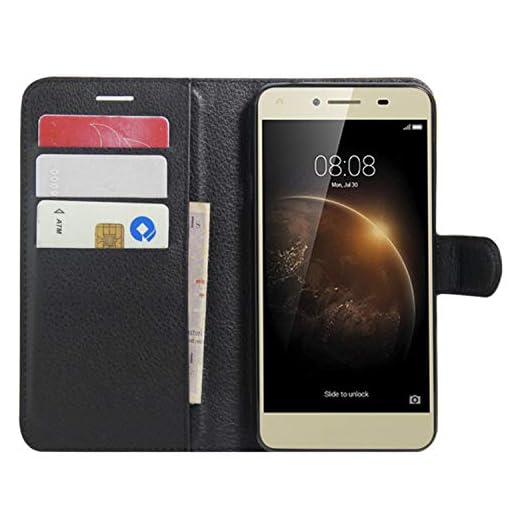 HualuBro Funda Huawei Y5 II/Huawei Y6 II Compact, Carcasa de Protectora Cuero PU Billetera Cartera Plegable Funda Flip Case Cover para Huawei Y5 2 / Huawei Y6 II Compact (Negro)