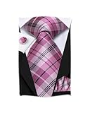 Hi-Tie Mens Plaid Ties Classic Paisley Necktie with Handkerchief Cufflinks Set Business Stripe Tie,Light Pink