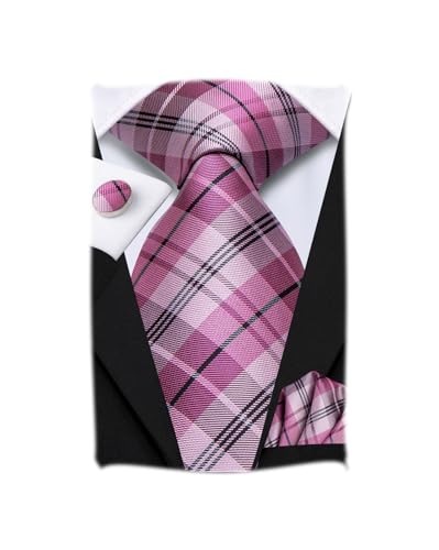 Image of Hi-Tie Mens Plaid Ties Classic Paisley Necktie with Handkerchief Cufflinks Set Business Stripe Tie