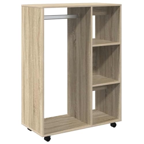 Teenpull Armario de madera de roble Sonoma, 80 x 40 x 110 cm, con espacio de almacenamiento y 3 estantes, ahorra espacio, con barra para colgar ropa y ruedas para dormitorio y vestidor