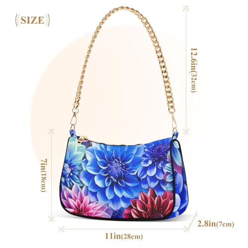 Vibrant Dahlia Flowers Blue Clutch Handbag Womens Ladies Shoulder Bag Floral Zipper Evening Clutch Purse with Chain Strap3