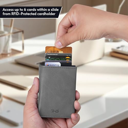 Image of The Wallet Store SlideX Neo RFID-Protected Pop-Up Card Holder Wallet for Men | Minimalist Leather Smart Wallet with Quick Access Ejector | Compact Dual-Color Card Case | Holds 6-10 Cards (Grey)