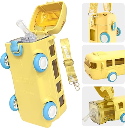 Image of Bus Water Bottle for Kids with Strap, Sipper, and Straw Leakproof, Tritan Water Bottle for School Kids 500ml - Blue,Water Bottle for Girls and Boys (Yellow)