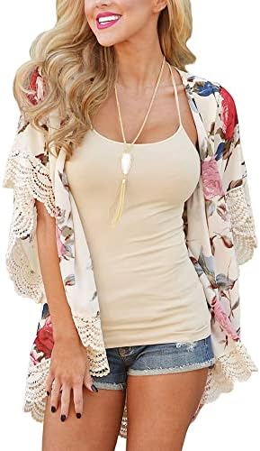 PRETTODAY Womens Floral Print Kimono Lace Hemline Loose Tops Sleeves Cover up Chiffon Blouse,Beige,Small