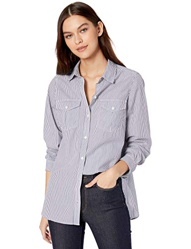Amazon Brand - Goodthreads Women's Lightweight Twill Long-Sleeve Utility Shirt, Navy/White Stripe, X-Large