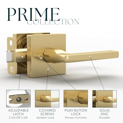 Image of Mega Handles Privacy Door Lever Handle Interior for Bedroom and Bathroom Prime Heavy Duty Keyless Reversible Door Levers, Modern Square Design, Hidden Screws, Zinc Alloy - Satin Brass (1 Pack), 5 inch